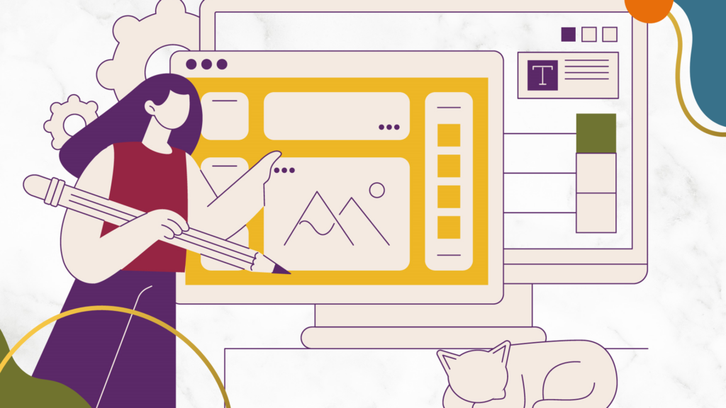 A modern, stylized digital illustration depicts a woman with long purple hair, wearing a sleeveless red top and dark purple pants. She is holding a large pencil and pointing towards a computer screen displaying a website or design interface. The screen has a yellow section containing image placeholders, text boxes, and design elements. To the right of the screen, there are color swatches and a text formatting panel, suggesting a graphic design or presentation editing tool. Gears in the background symbolize creativity and workflow. A sleeping cat is positioned at the bottom right corner, adding a cozy touch to the scene. The color palette consists of warm and earthy tones, including mustard yellow, burgundy, and deep purple, with a marble-textured background. The illustration features clean, minimalistic linework with geometric shapes and flat colors.